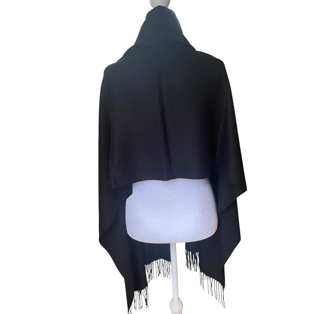 Womens Black Pashmina Shawl Wrap Scarf with Tassel Fringe Solid Classic 27in W